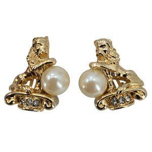 Giovanni TORLONIA Lion rhinestone Faux pearl clip on earrings